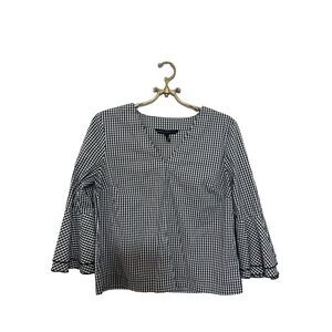 White House Black Market Blouse Gingham Blouse Bell Sleeve Blouse‎ 6 Black White
